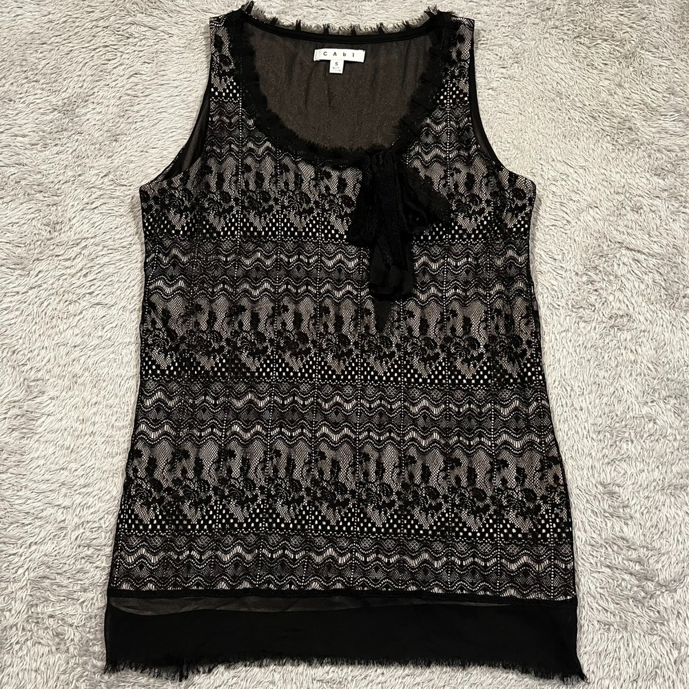 Cabi Lace Tank Top Frayed Trim Bow Detail Black Tan Womens Size S